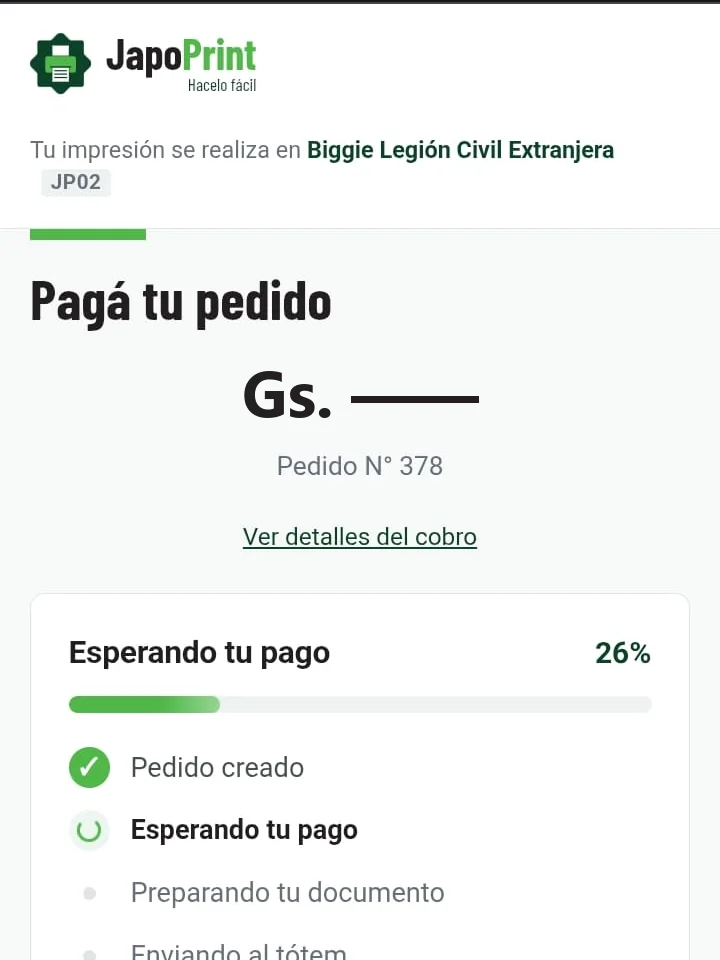 Pantalla de pago con el código QR y el avance del pedido